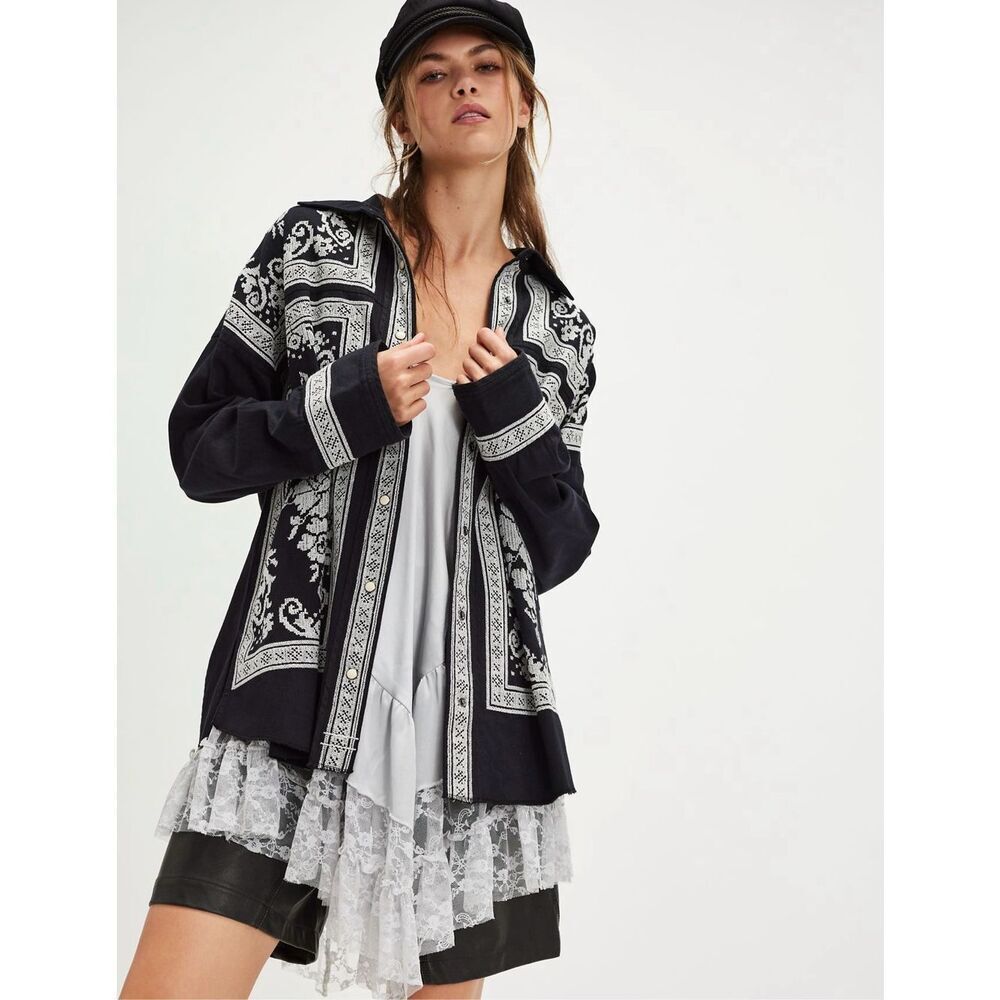 Free People Lace Embroidered Denim Buttondown Shirt